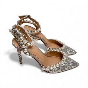 Nicole Bathie xAntonio Melani Silver Glitter Heels with Pearl Accents Size 6 NWT